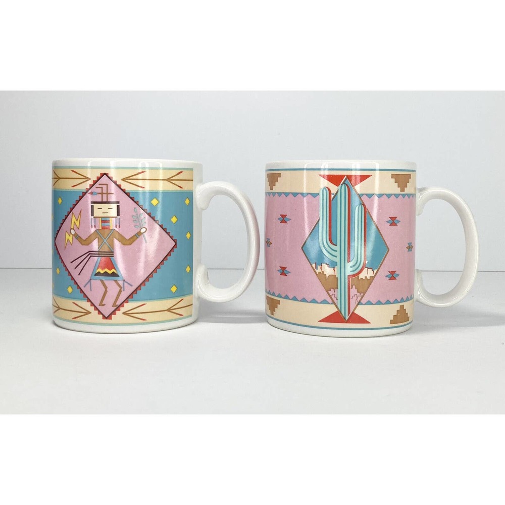 Pelzman Designs Vandor 2 VTG USA Southwest/Cactus Ceramic Mugs 3 3/4” 1988 Korea